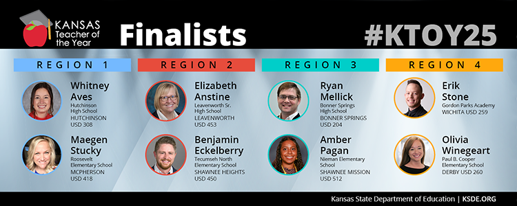 Region 1: Whitney Aves, Hutchinson High School, Hutchinson USD 308; Maegen Stucky, Roosevelt Elementary School, McPherson USD 418. Region 2: Elizabeth Anstine, Leavenworth Sr. High School, Leavenworth USD 453; Benjamin Eckelberry, Tecumseh North Elementary School, Shawnee Heights USD 450. Region 3: Ryan Mellick, Bonner Springs High School, Bonner Springs USD 204; Amber Pagan, Nieman Elementary School, Shawnee Mission USD 512. Region 4: Erik Stone, Gordon Parks Academy, Wichita USD 259; Olivia Winegeart, Paul B. Cooper Elementary School, Derby USD 260.